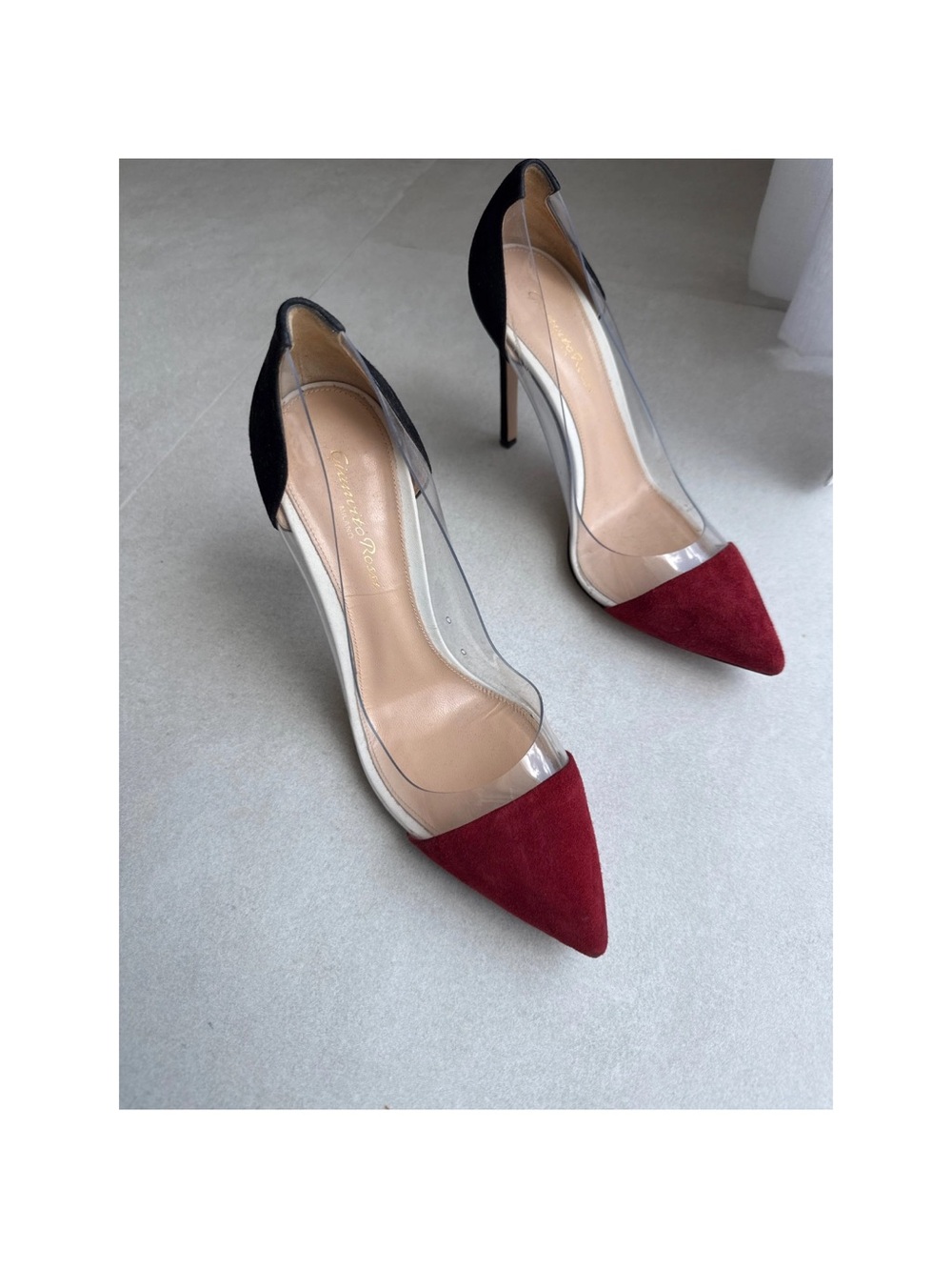 Gianvito Rossi Burgundy Suede Pointed Toe Pumps with Clear Panel